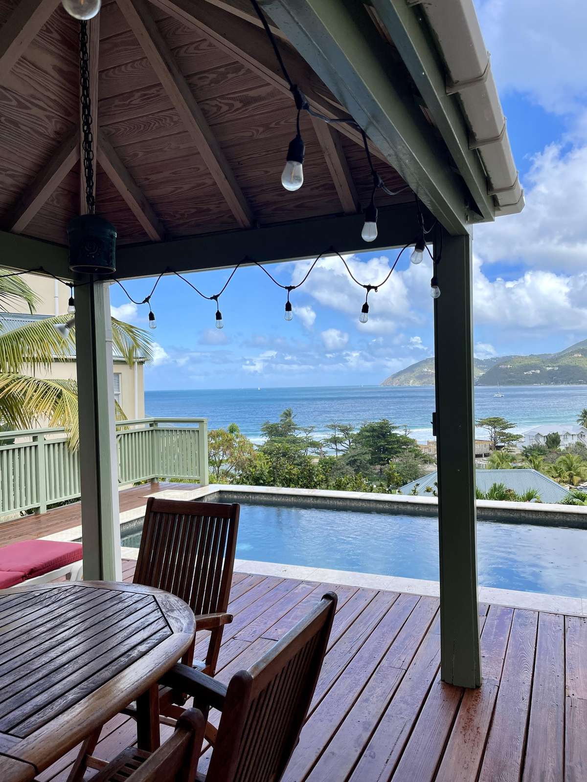 Covered patio with pool and stunning waterfront views