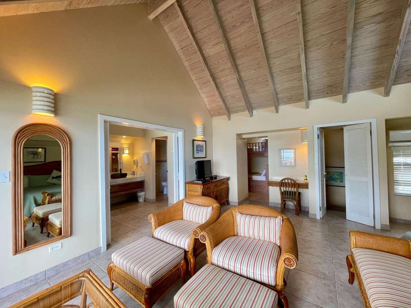 Spacious living room with vaulted ceilings and cozy seating
