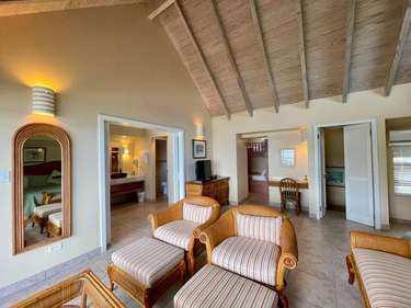 Spacious living room with vaulted ceilings and cozy seating