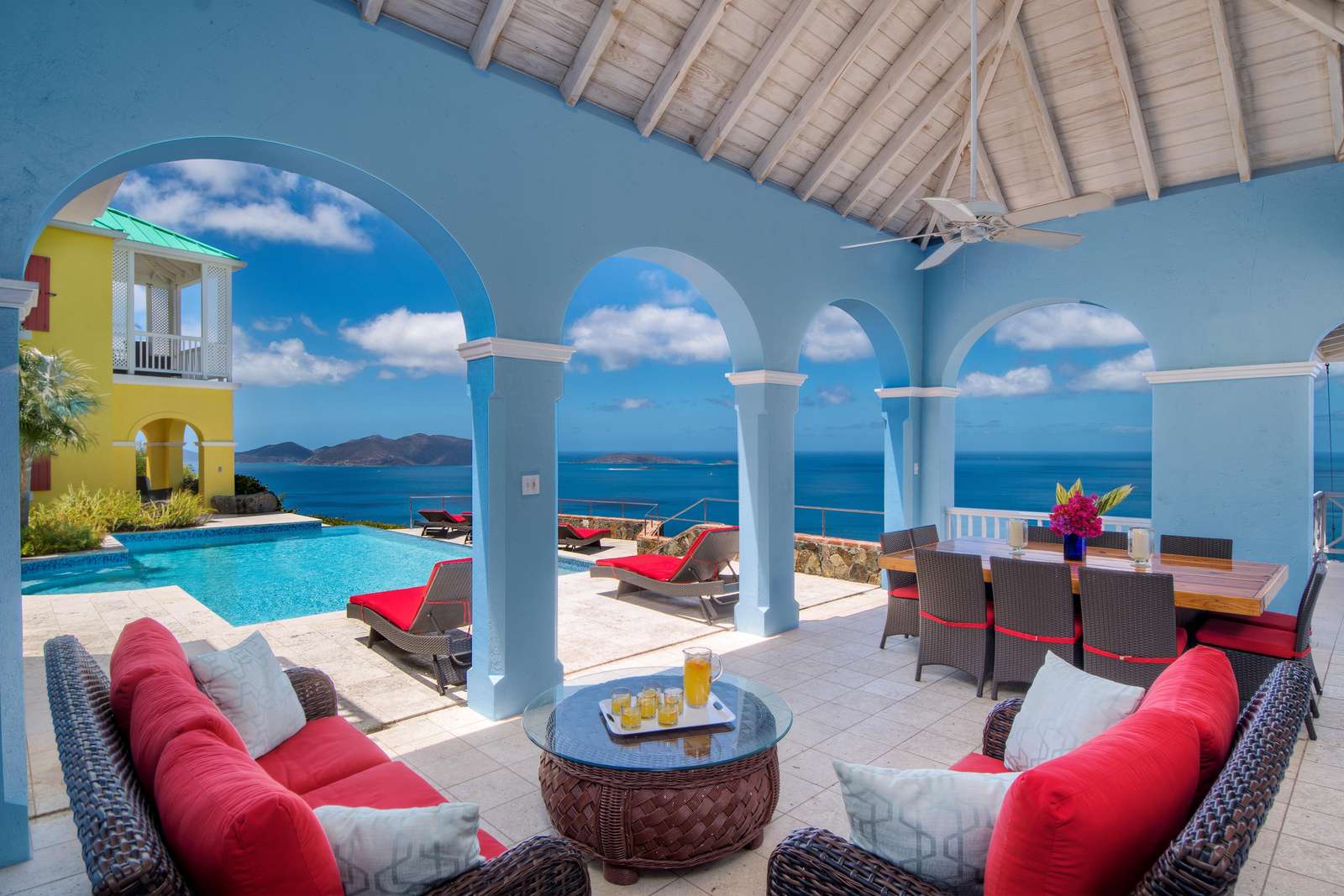 Spacious covered patio with pool views and vibrant seating - property