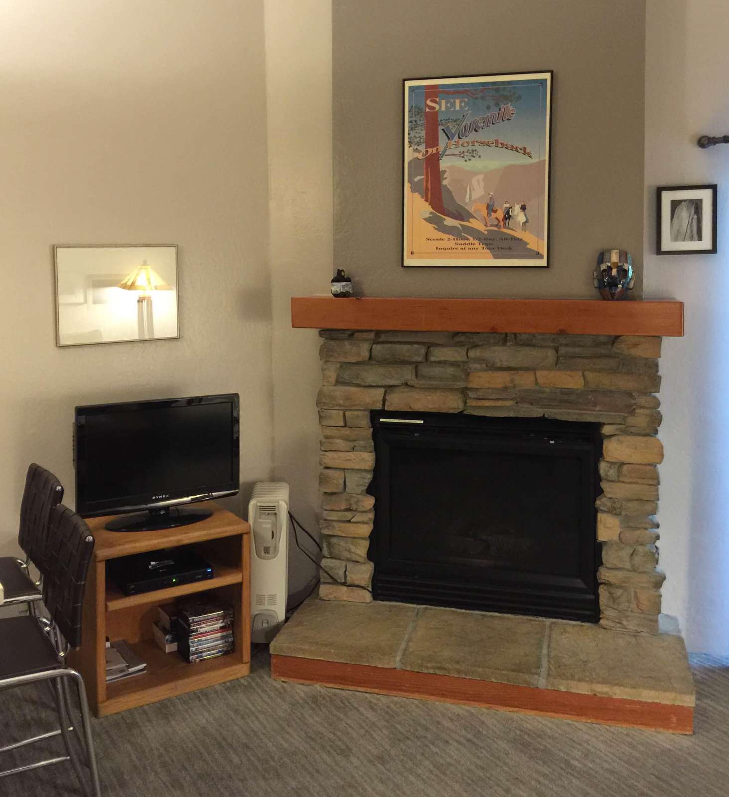 The gas fireplace, satellite TV and DVD player.