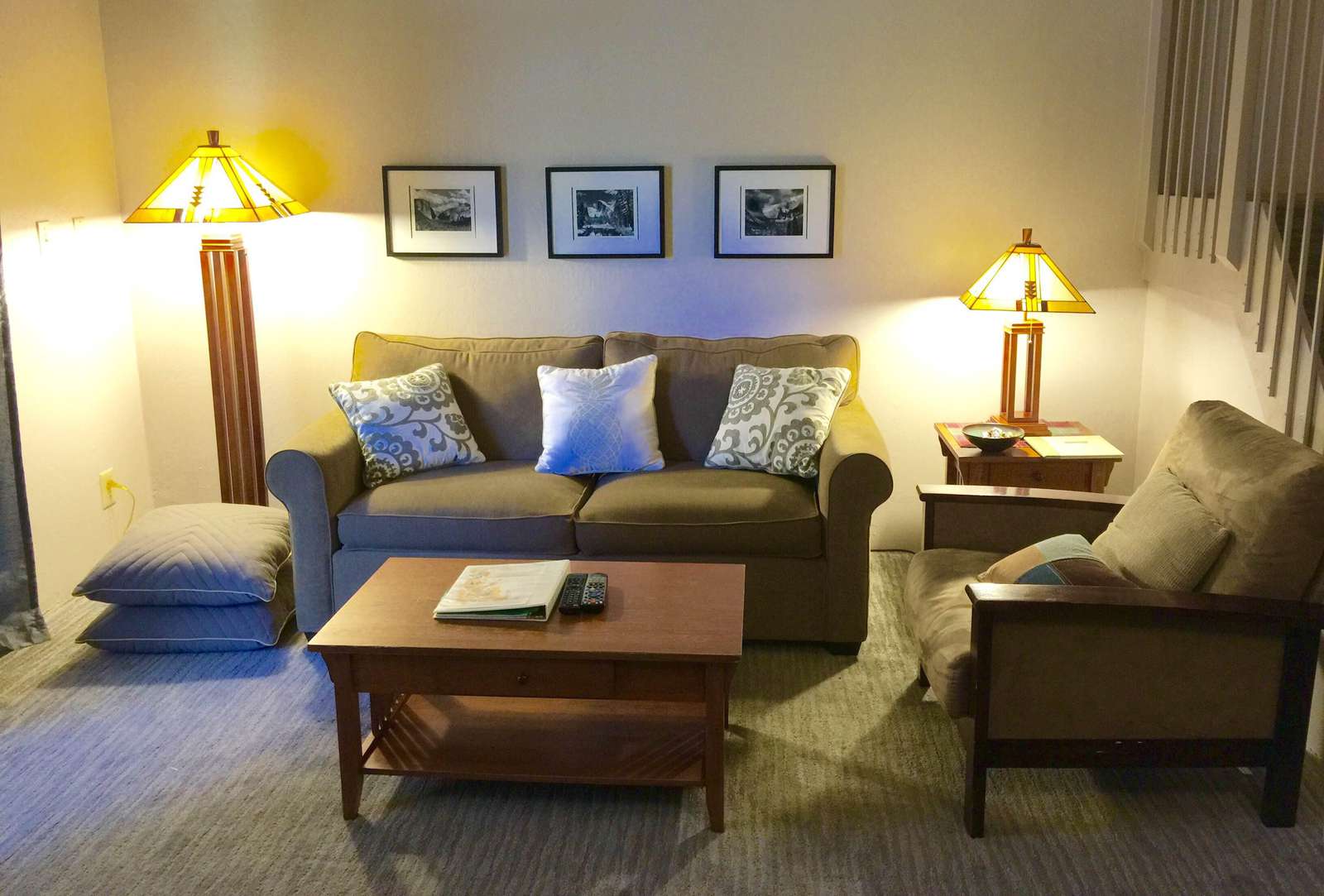 The living area has a full size sofa sleeper.