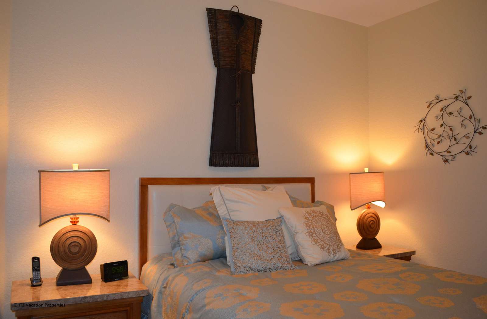 Queen bed in guest bedroom