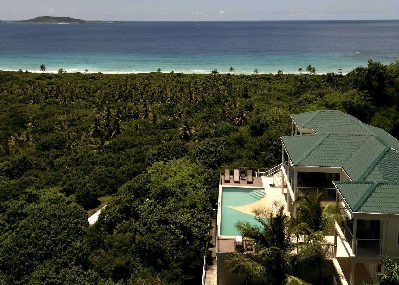 Ocean-view pool deck surrounded by lush tropical greenery