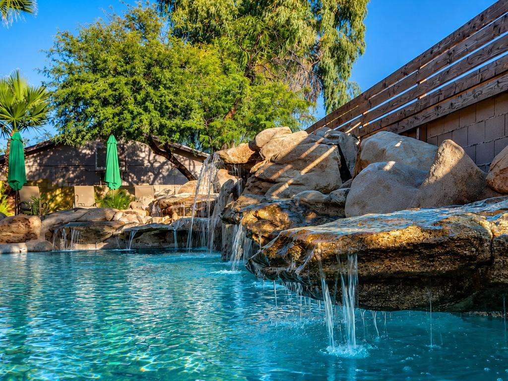 Amazing 300K rock 7 waterfall pool features cascade into the clear blue pool. - property