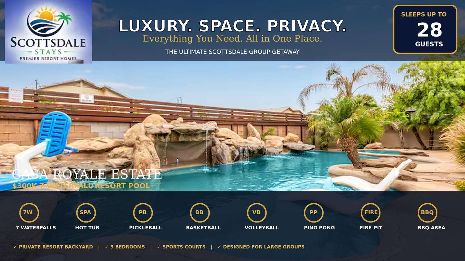 Resort-style pool with seven rock waterfalls, a built-in hot tub, and surrounding palm trees in a private backyard. - property