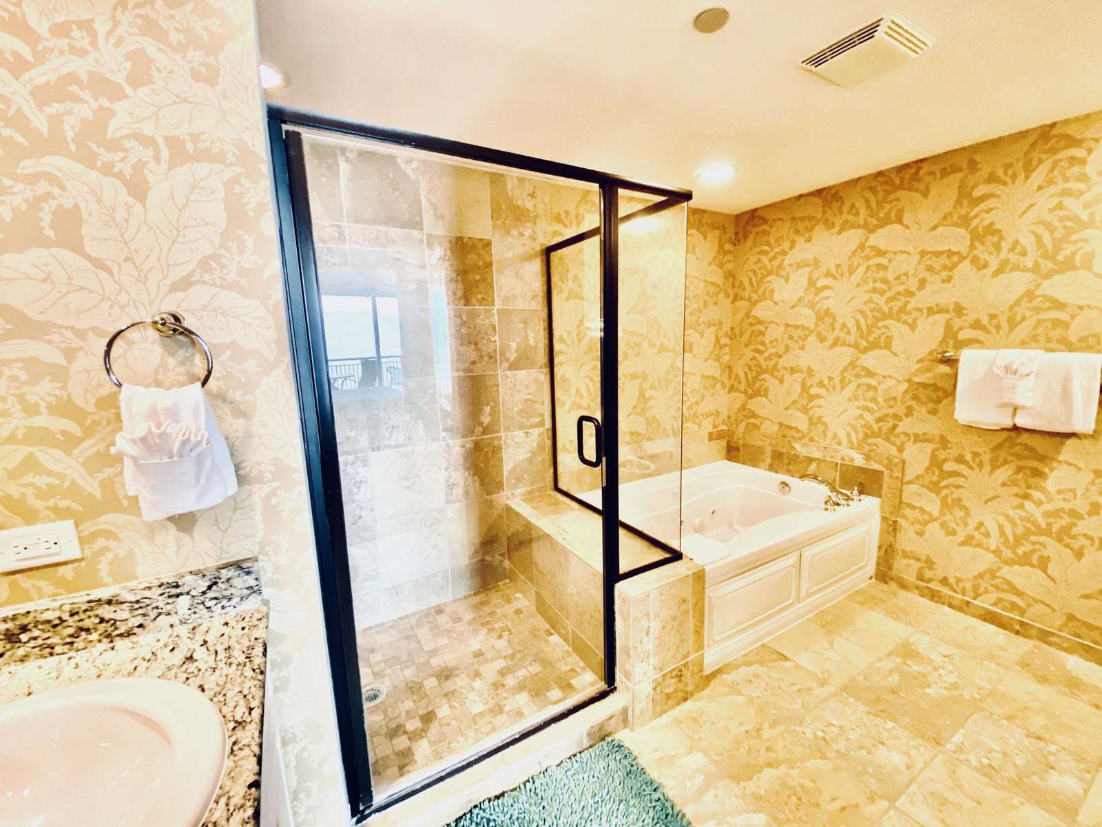 Master bath with stall shower and jetted tub