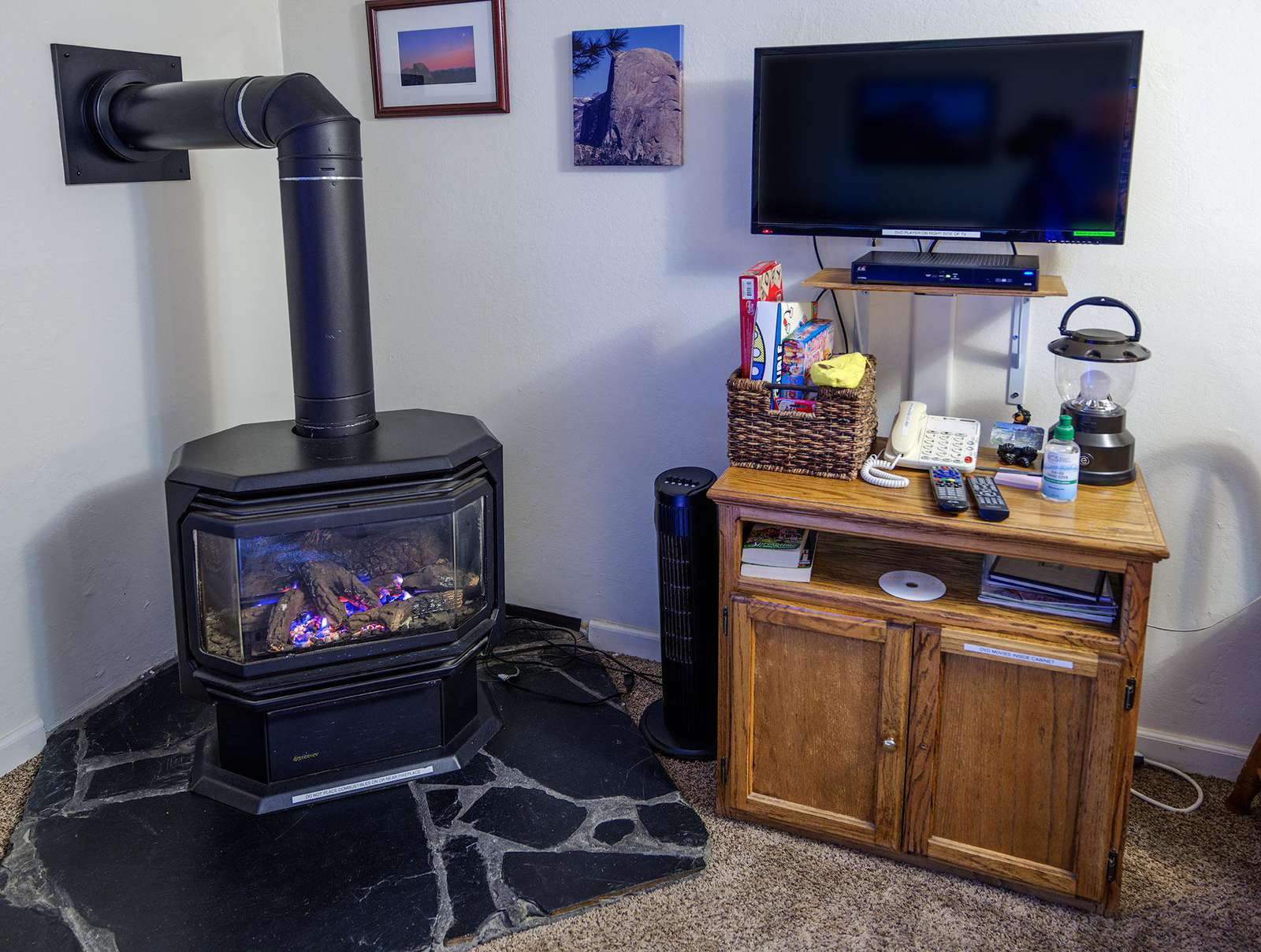 Your gas fireplace, satellite TV & DVD player with complimentary DVD's and family games for your enjoyment.