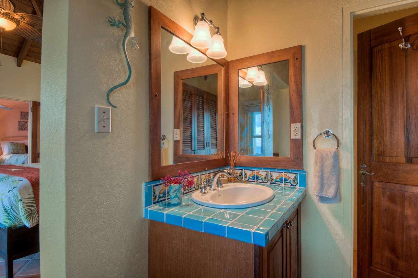 Cozy bathroom retreat with vibrant tile accents