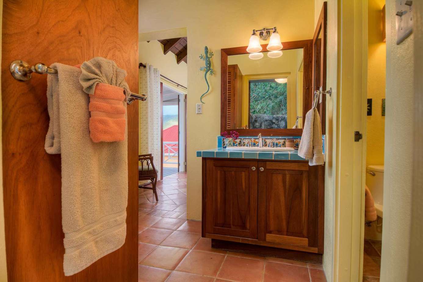 Cozy bathroom retreat with warm, rustic charm and vibrant accents