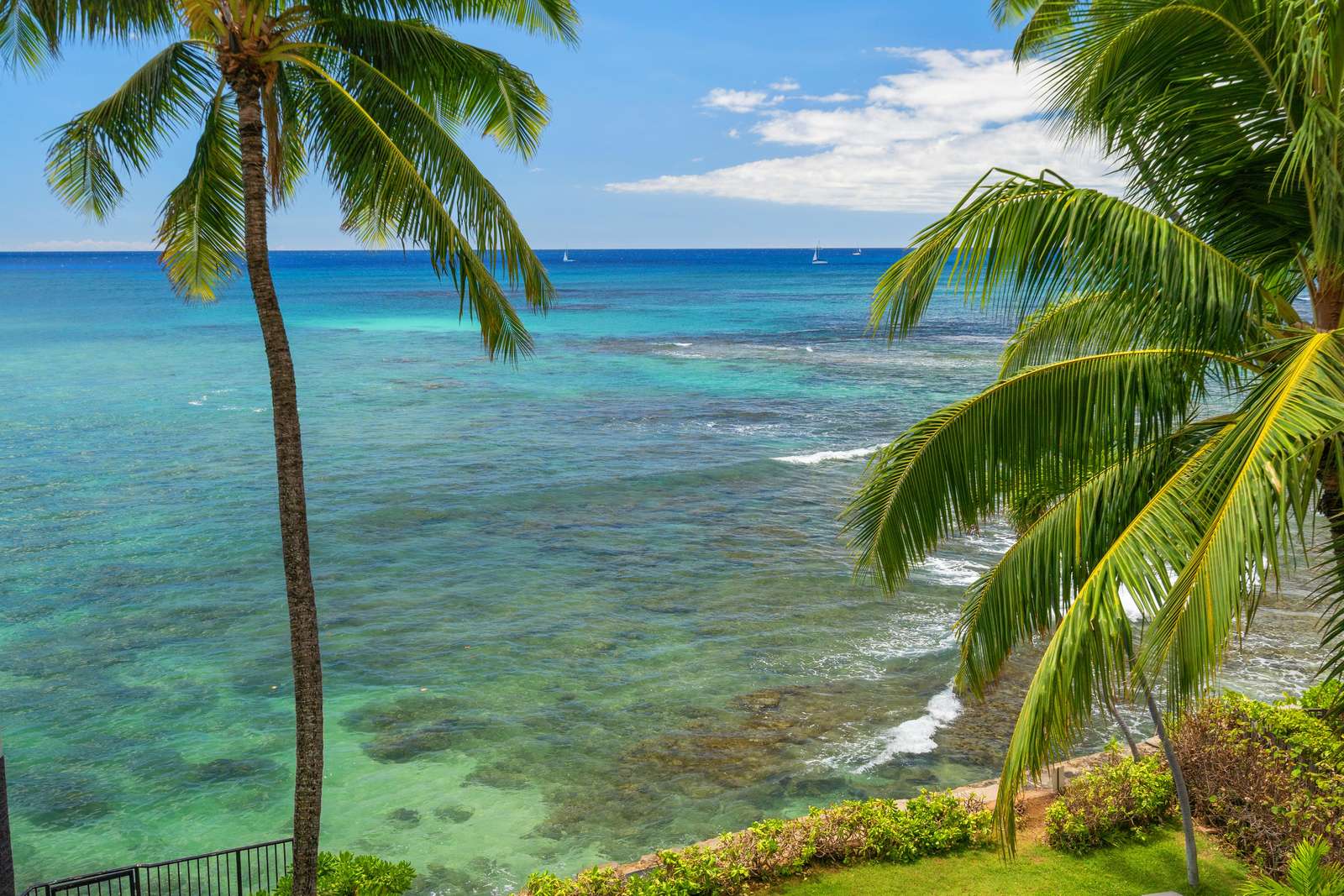 Palm trees frame the turquoise ocean with rocky shoreline and sailboats under a partly cloudy blue sky.