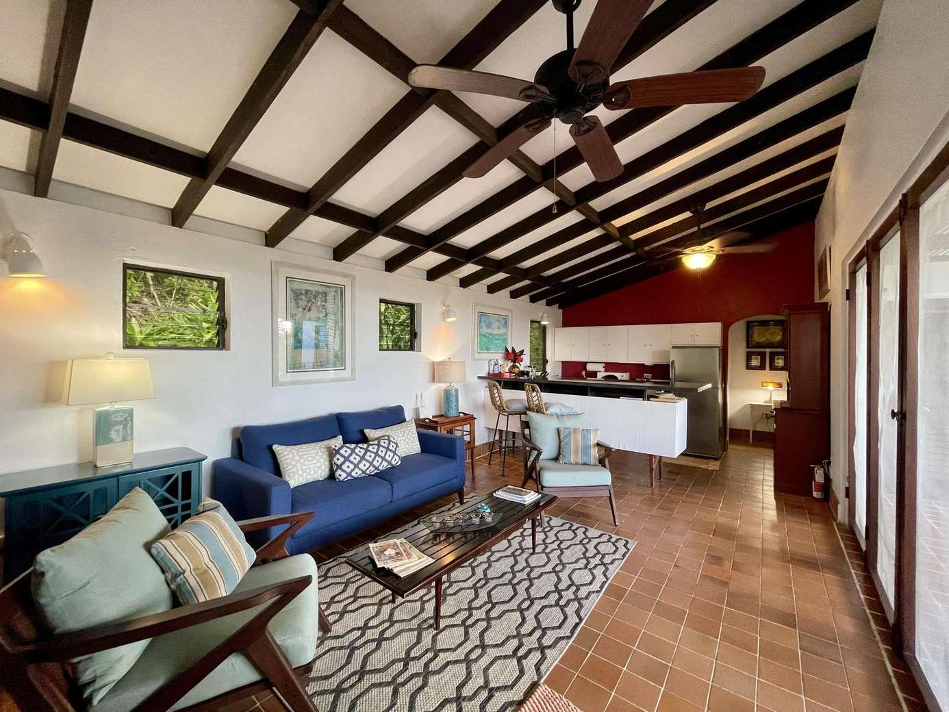 Spacious living room with vaulted ceilings and cozy seating