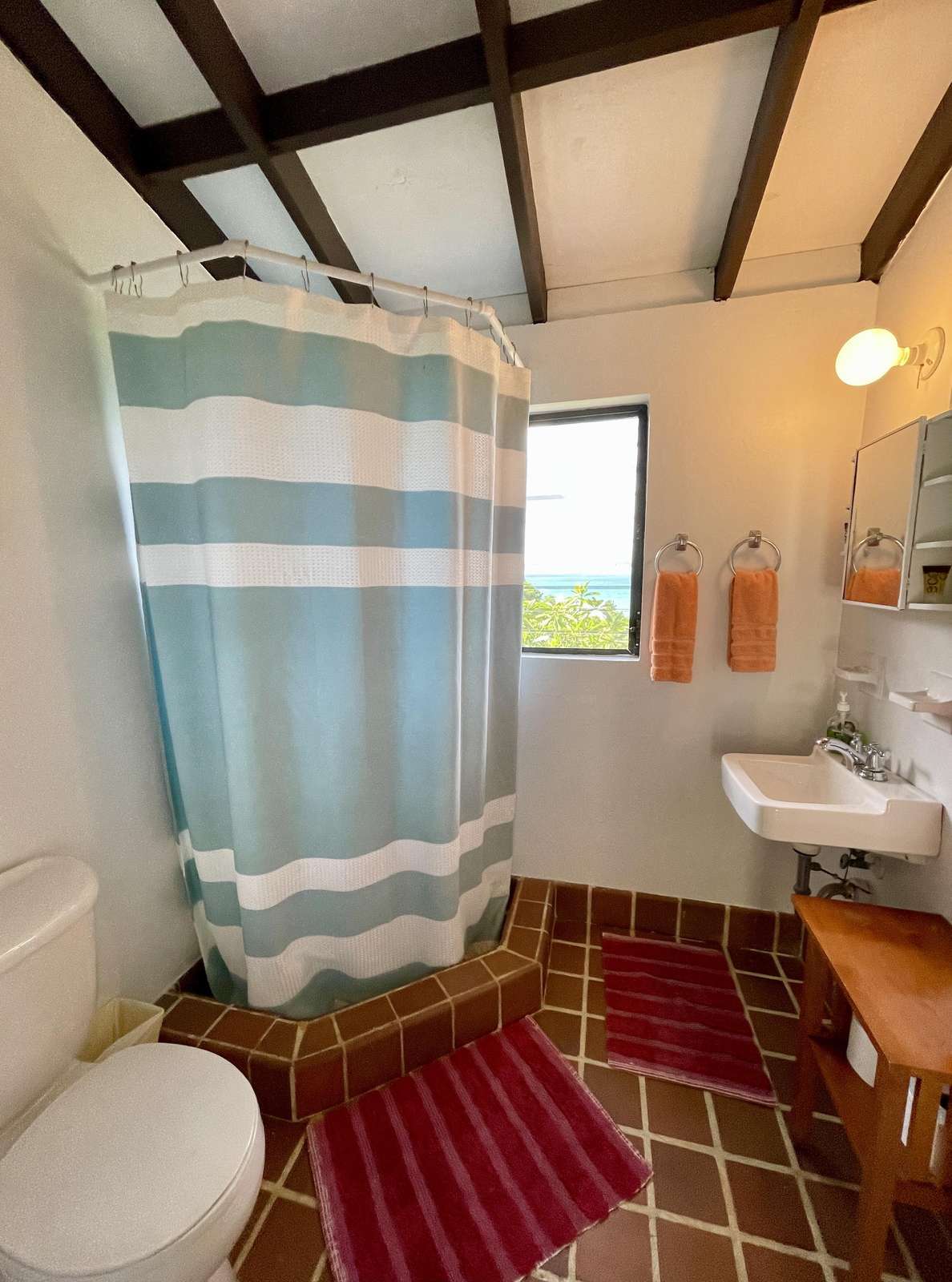 Cozy bathroom with rustic tile and natural light