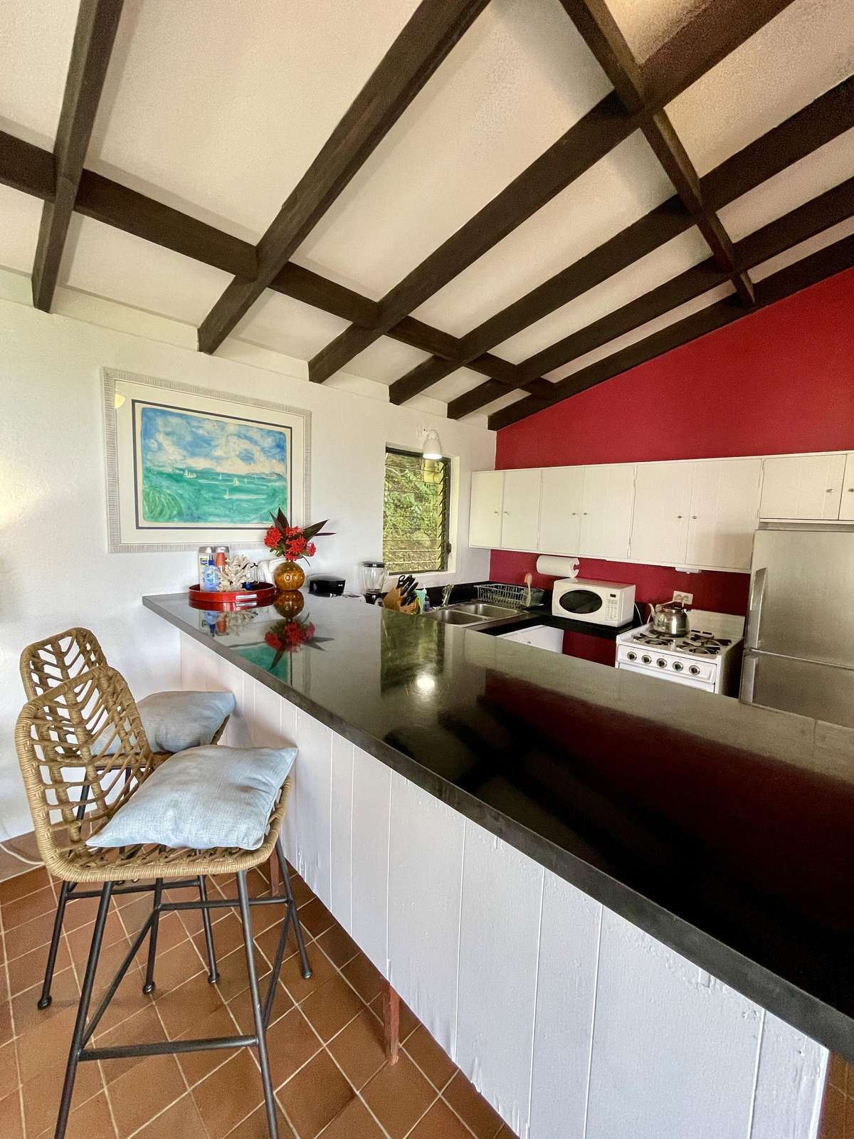 Cozy kitchen with vaulted ceilings and vibrant accents