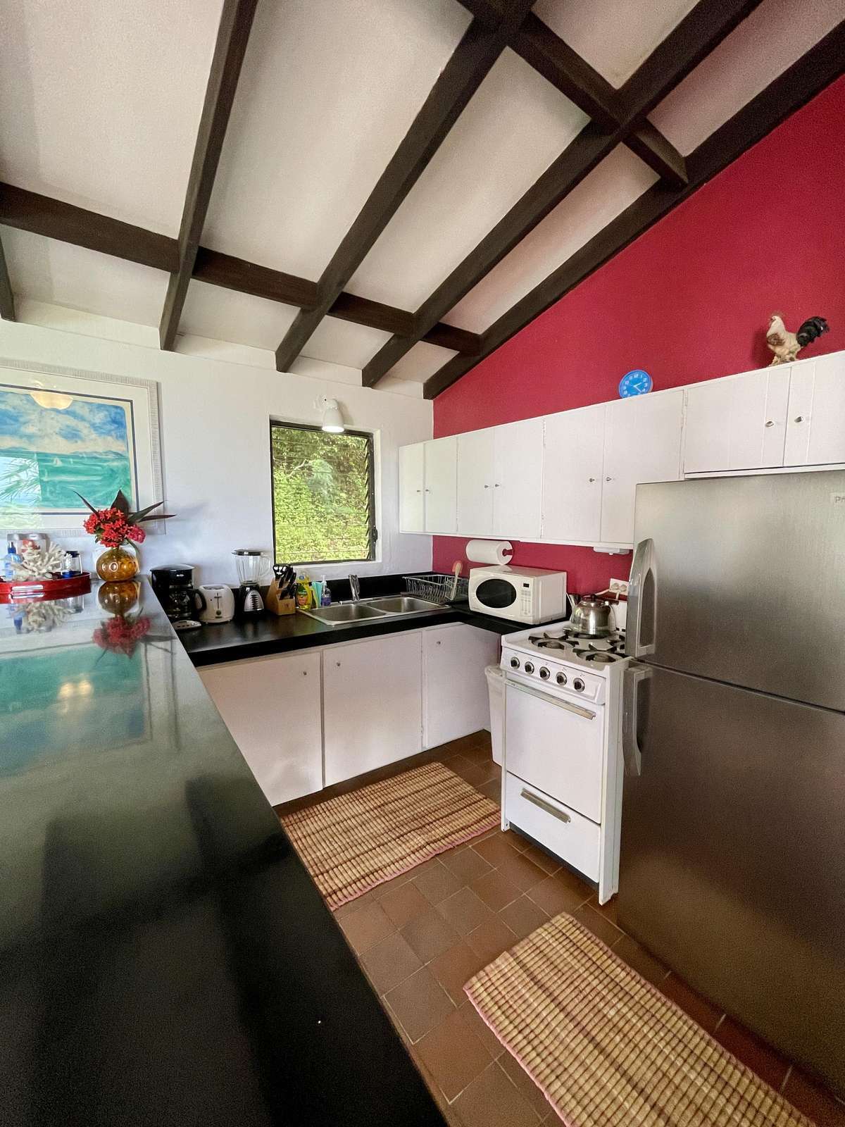 Charming kitchen with vaulted ceilings and vibrant accents
