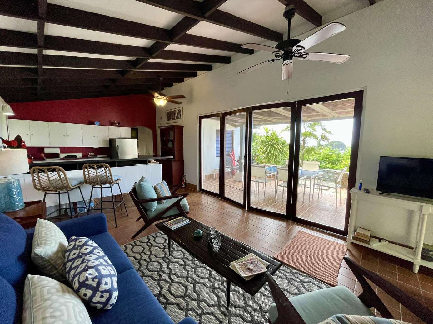 Spacious living room with vaulted ceilings and ocean views