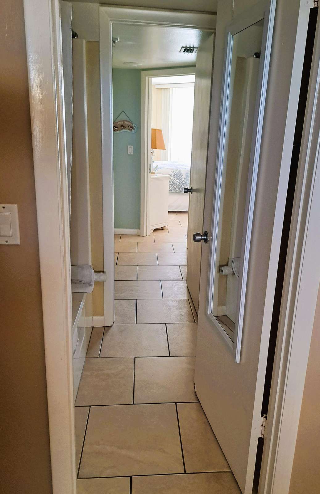 Guest bedroom view to bathroom