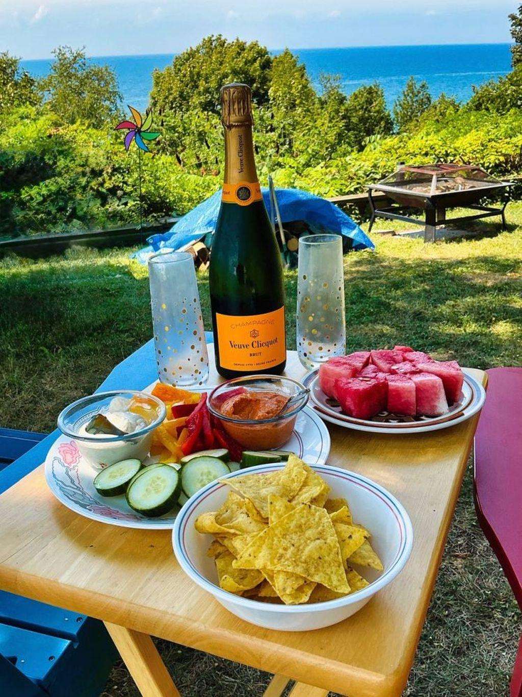 Outdoor table set with fresh vegetables, tortilla chips, and a bottle of champagne, overlooking a green lawn and lake.