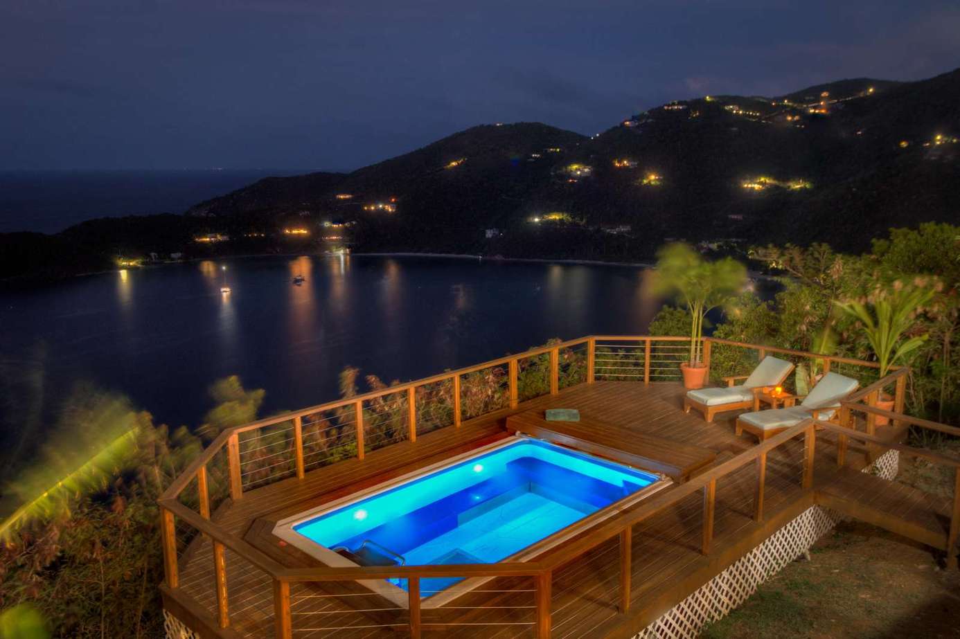 Private deck with heated pool and stunning night views