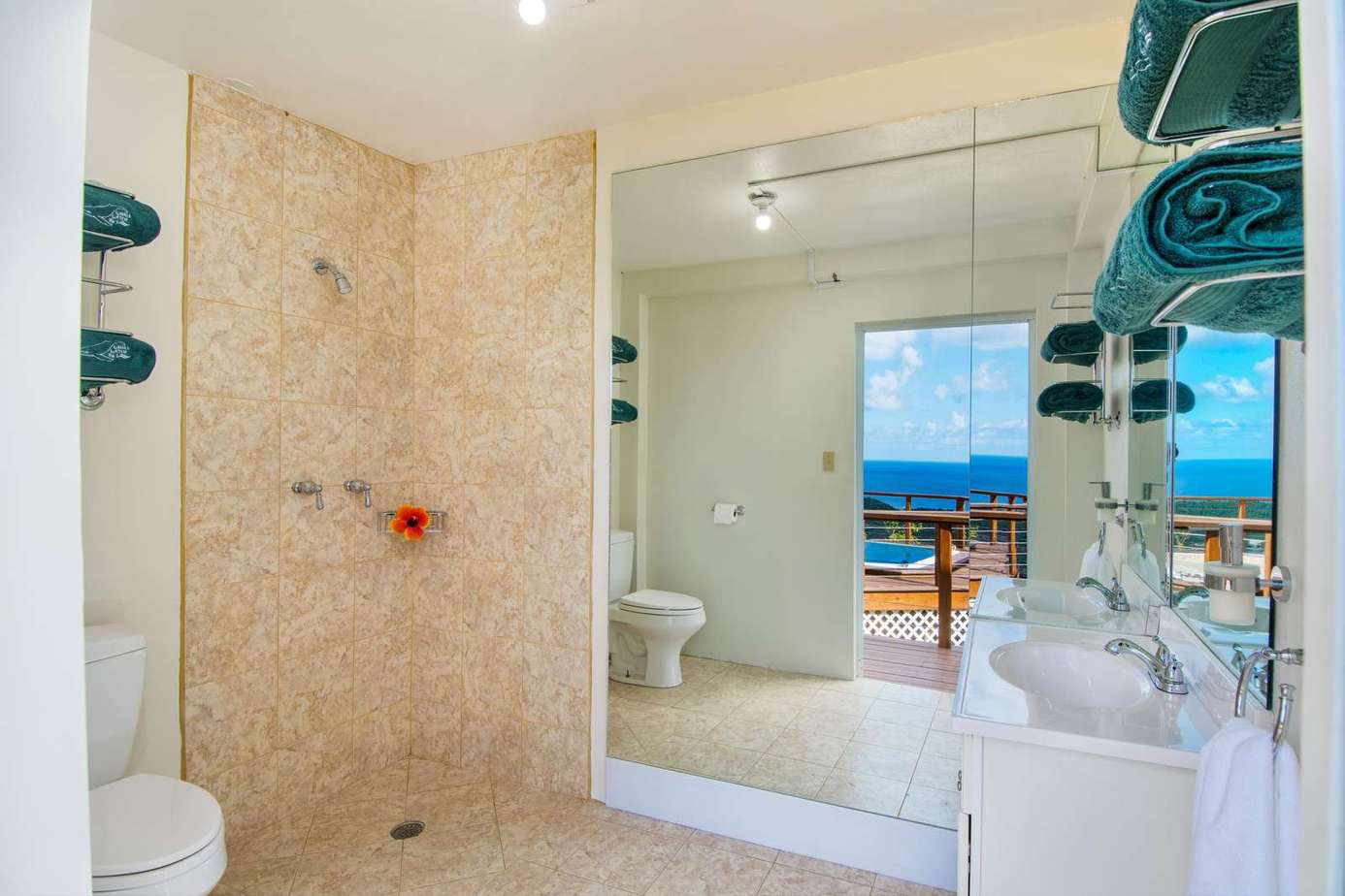Bright bathroom with spacious walk-in shower and ocean view