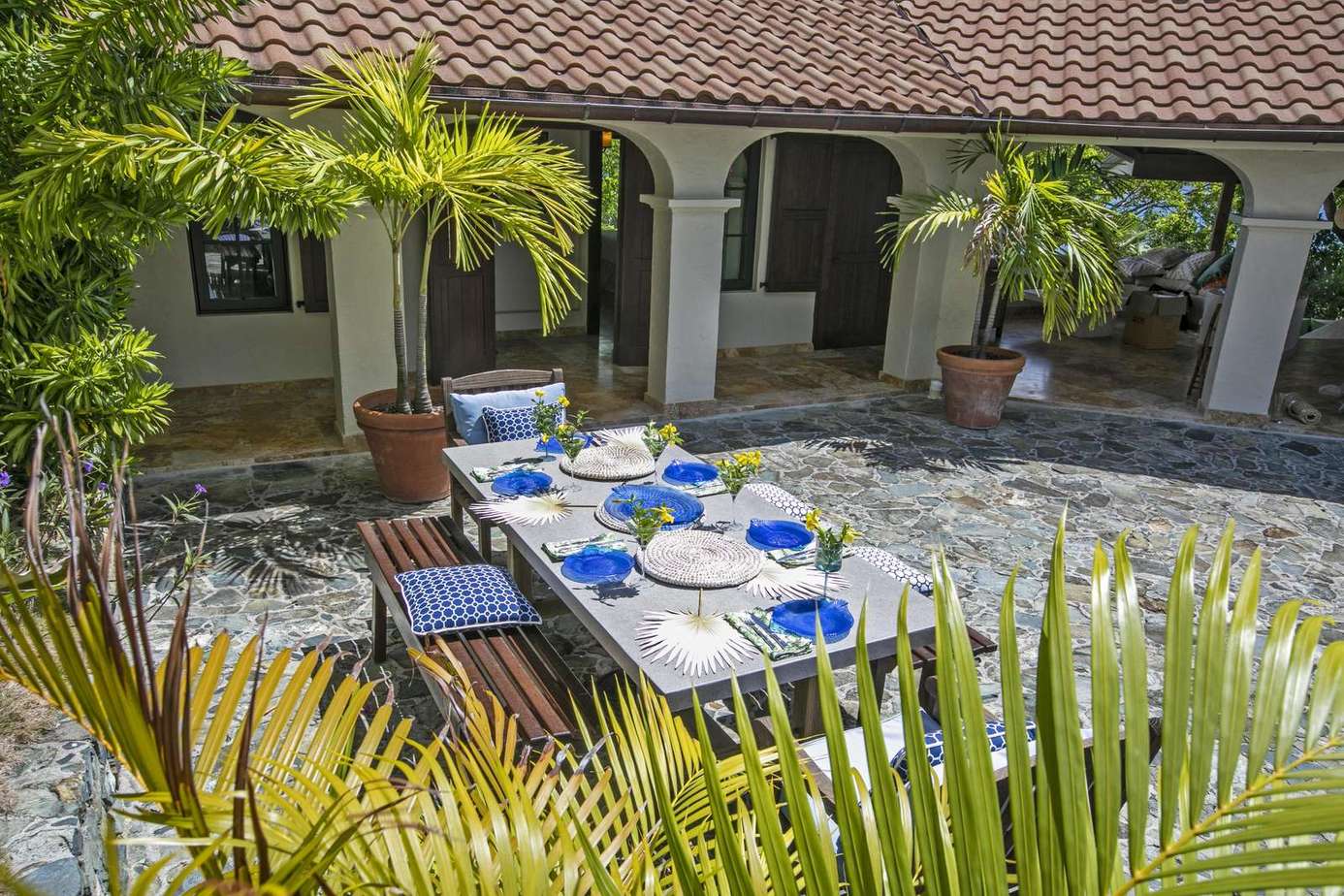 Sunlit outdoor patio with vibrant dining and lush greenery