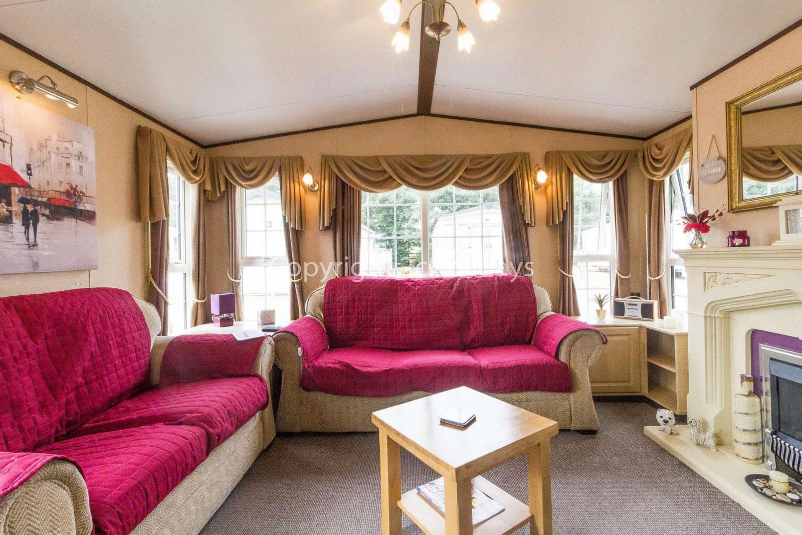 Caravan for hire with a spacious lounge.