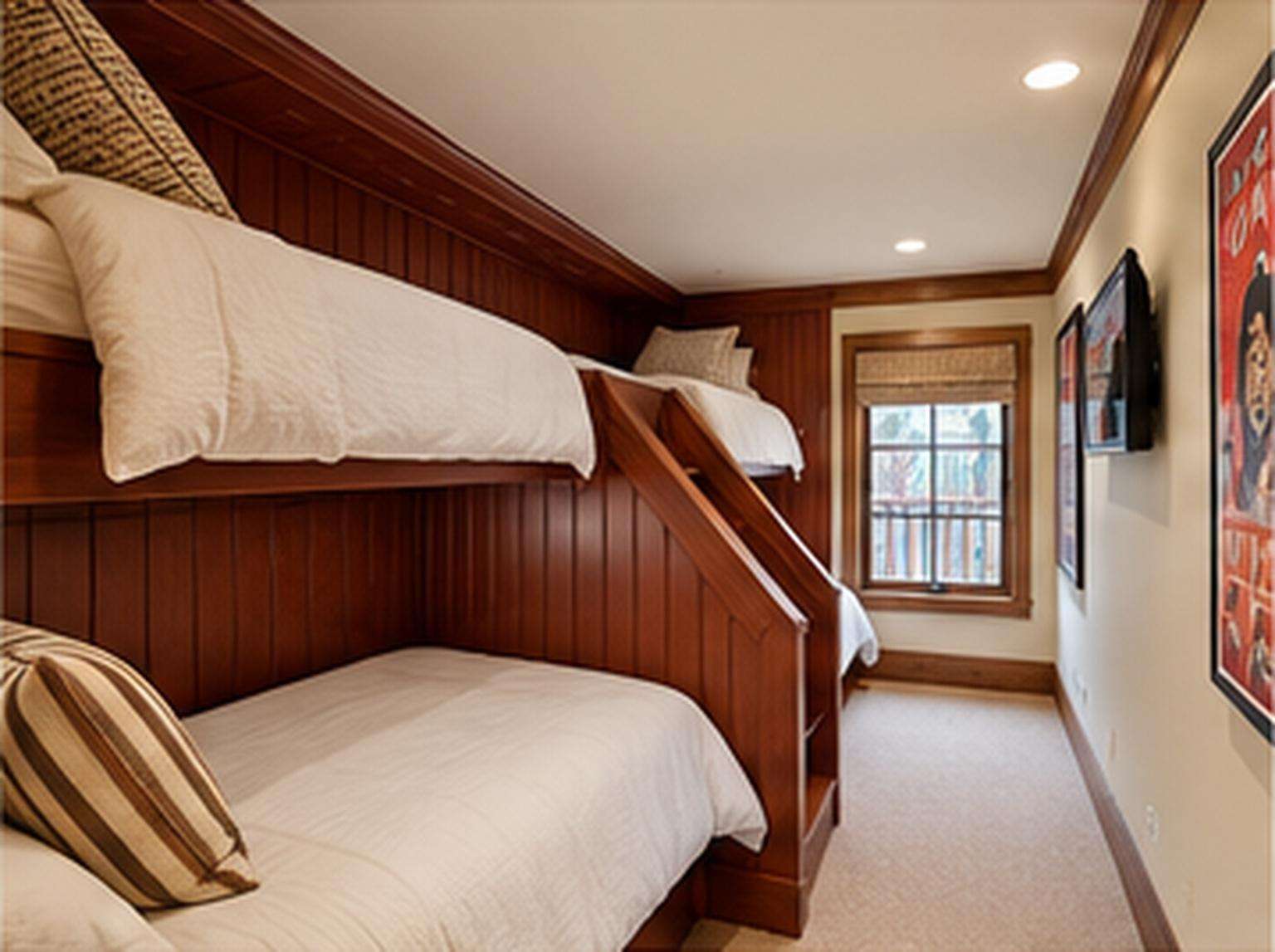 A room with bunk beds, wood paneling, and a window.