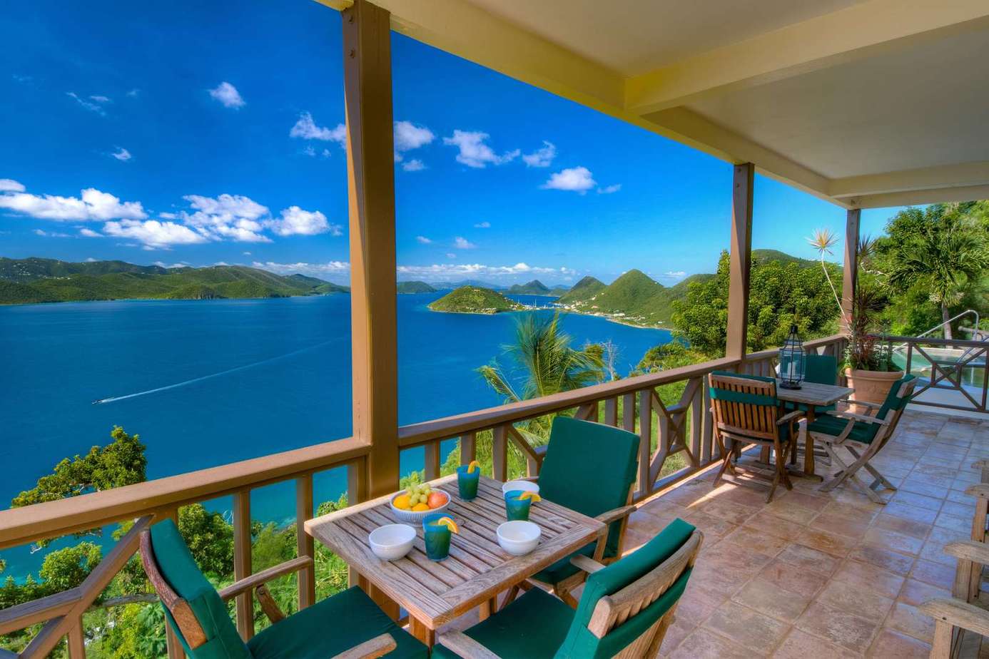 Spacious covered patio with stunning waterfront views