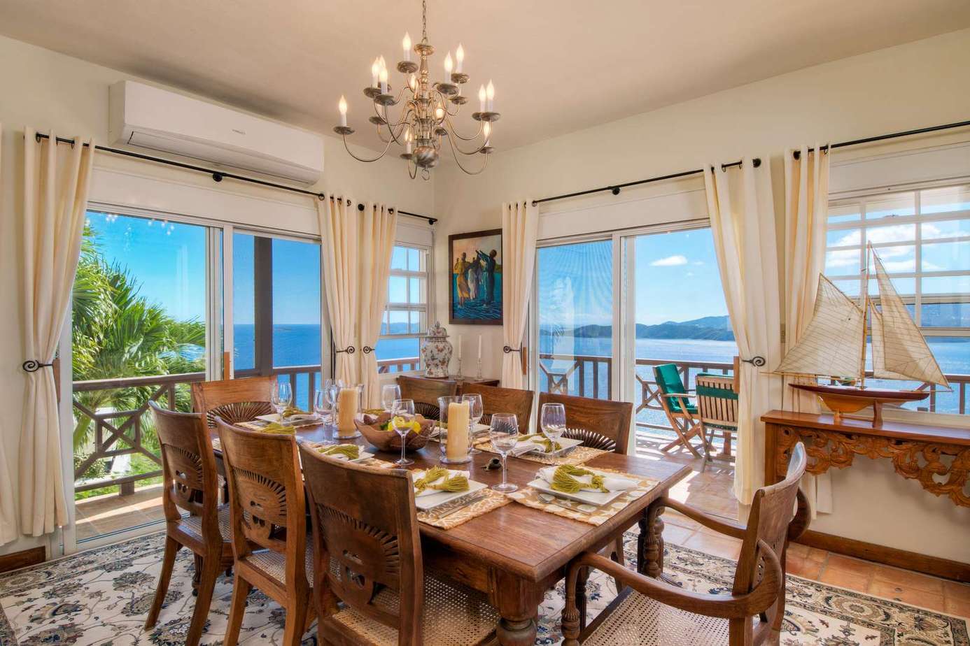 Elegant dining room with panoramic water views and natural light