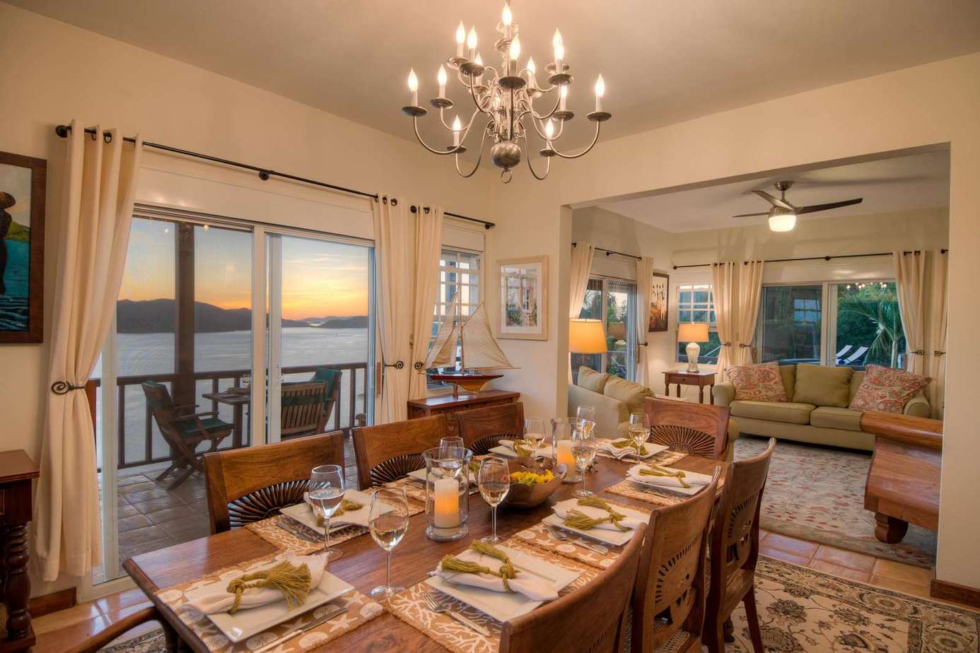 Sunset views from the elegant dining room and cozy living area