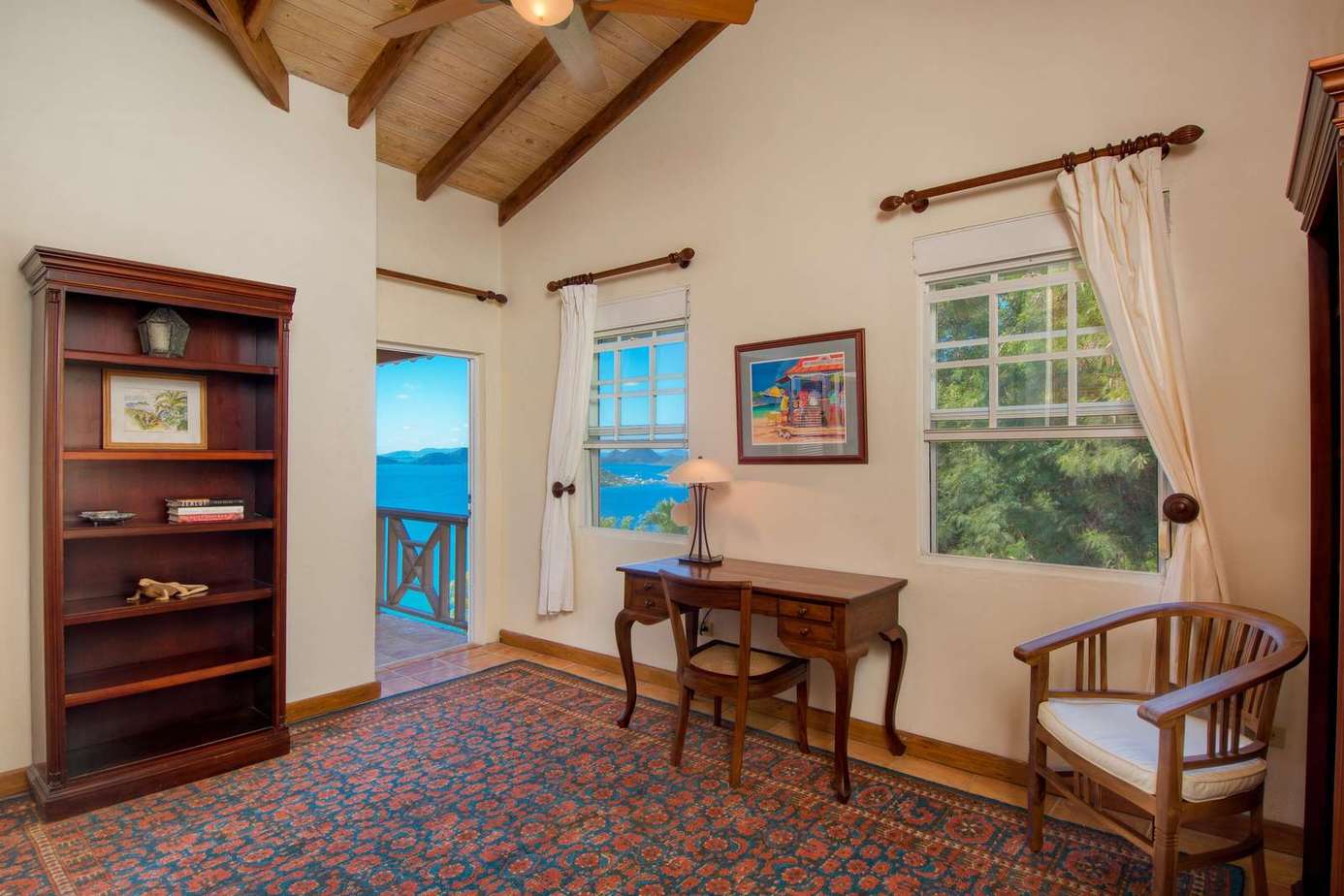Cozy study nook with ocean views and vaulted ceilings