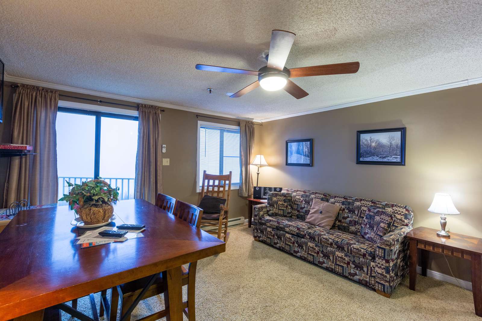 Classy dining corner and living room view