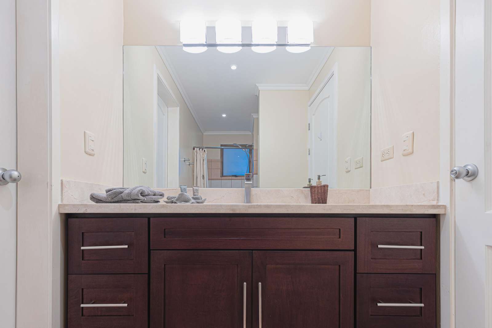 Master bathroom, granite countertops, wood cabinetry