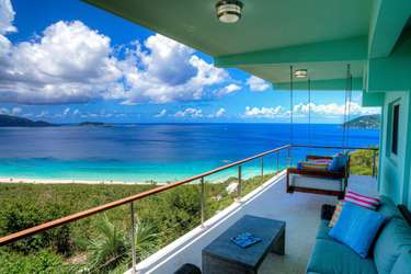 Oceanfront balcony with panoramic beach and mountain views