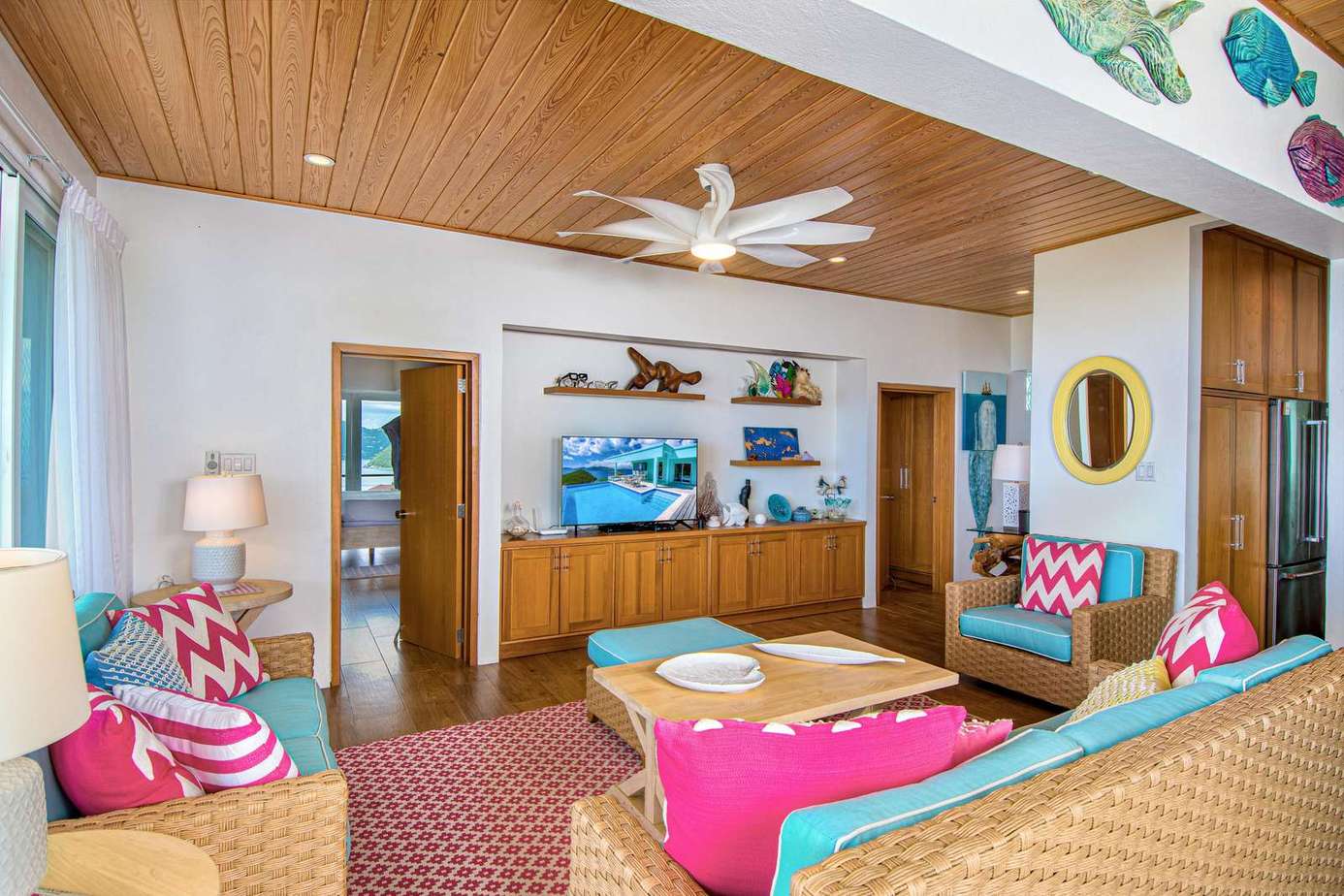 Bright and airy living room with vibrant coastal decor