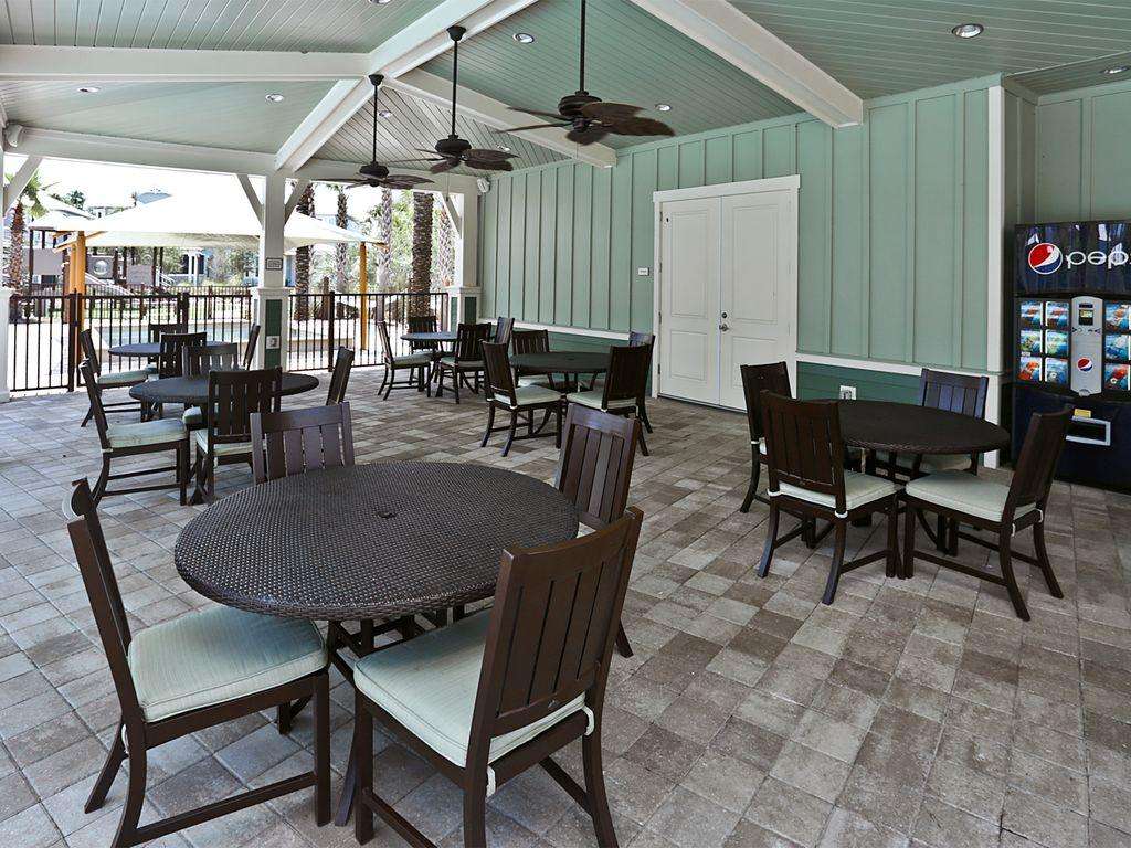 shaded poolside seating