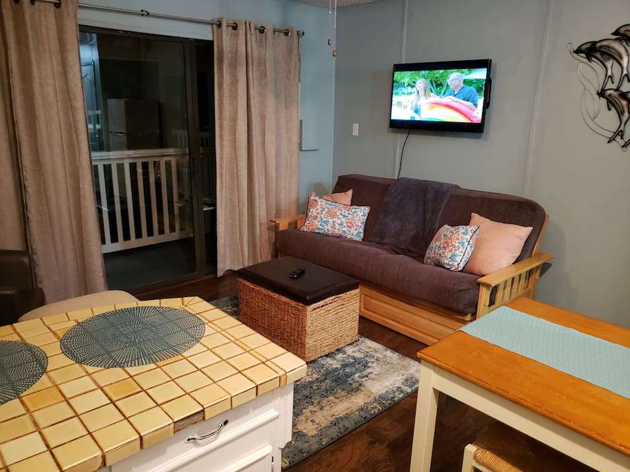 Comfortable furniture and a futon sleeper for those with larger groups. (No worries about the cable cord, it's buried now and out of sight)