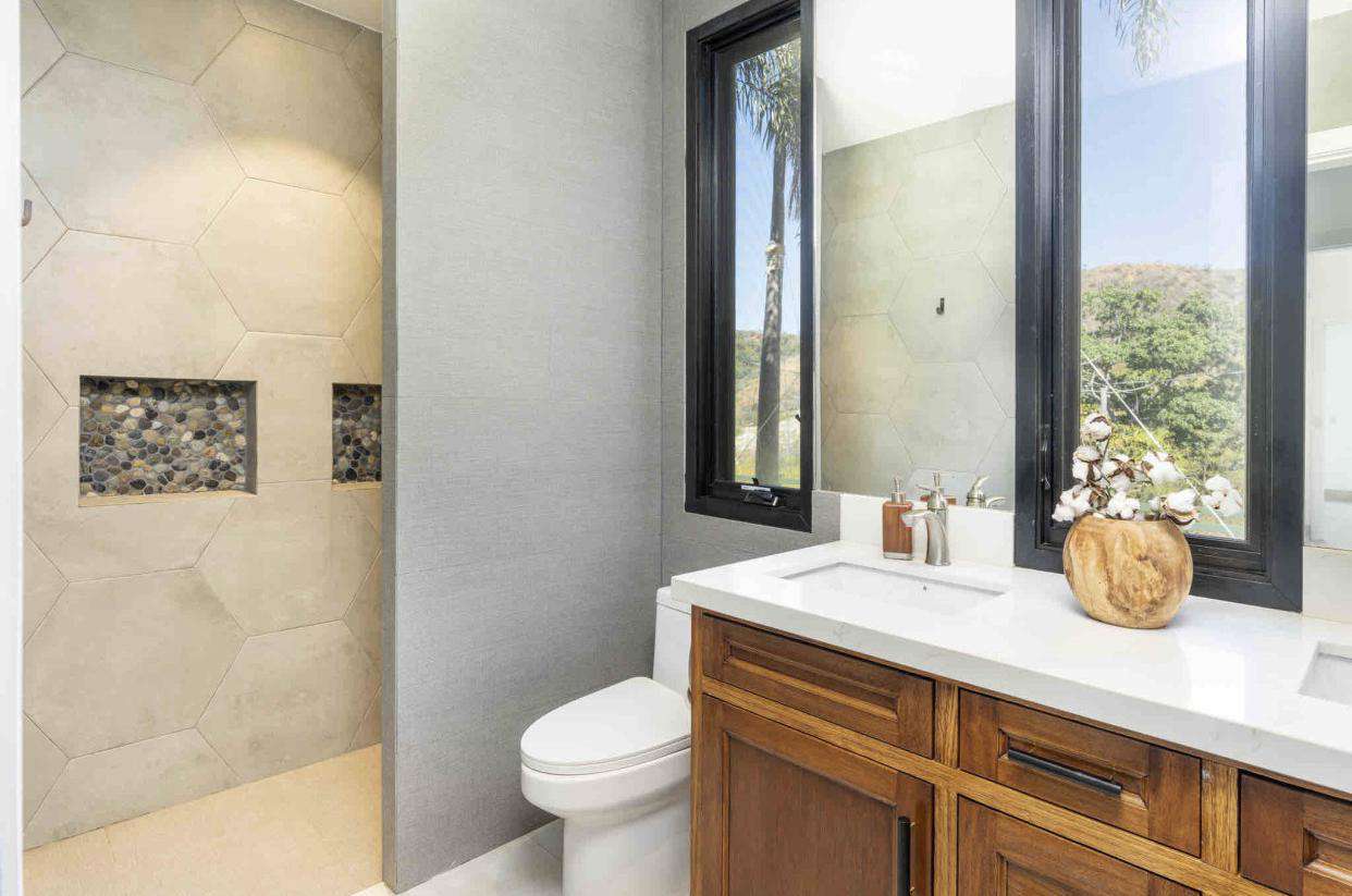 Guest bathroom, walk in shower, dual vanity