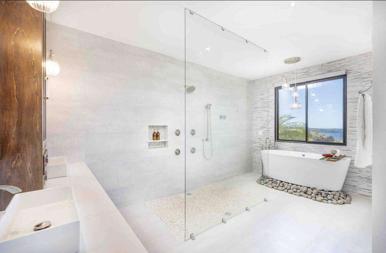 Master bathroom, huge walk in shower, garden tub, dual vanity