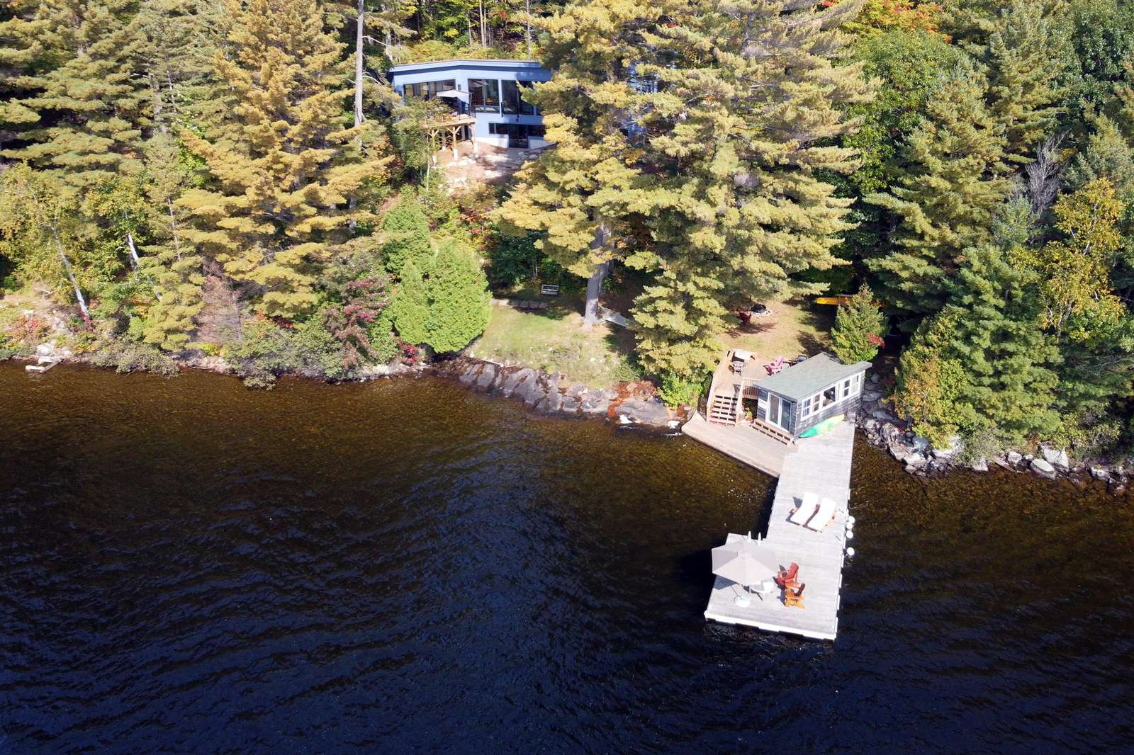 Aerial view of dock and cottage