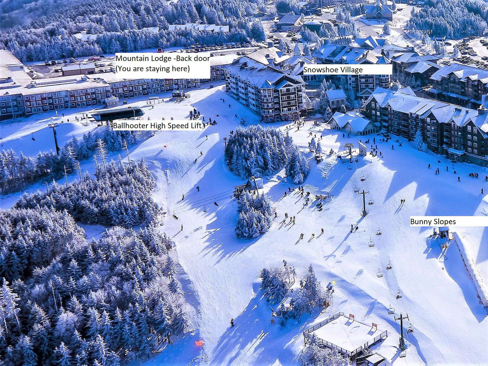 Mountain Lodge Back door, Ballhooter High Speed Lift and Village - All together - Best Location on the Mountain