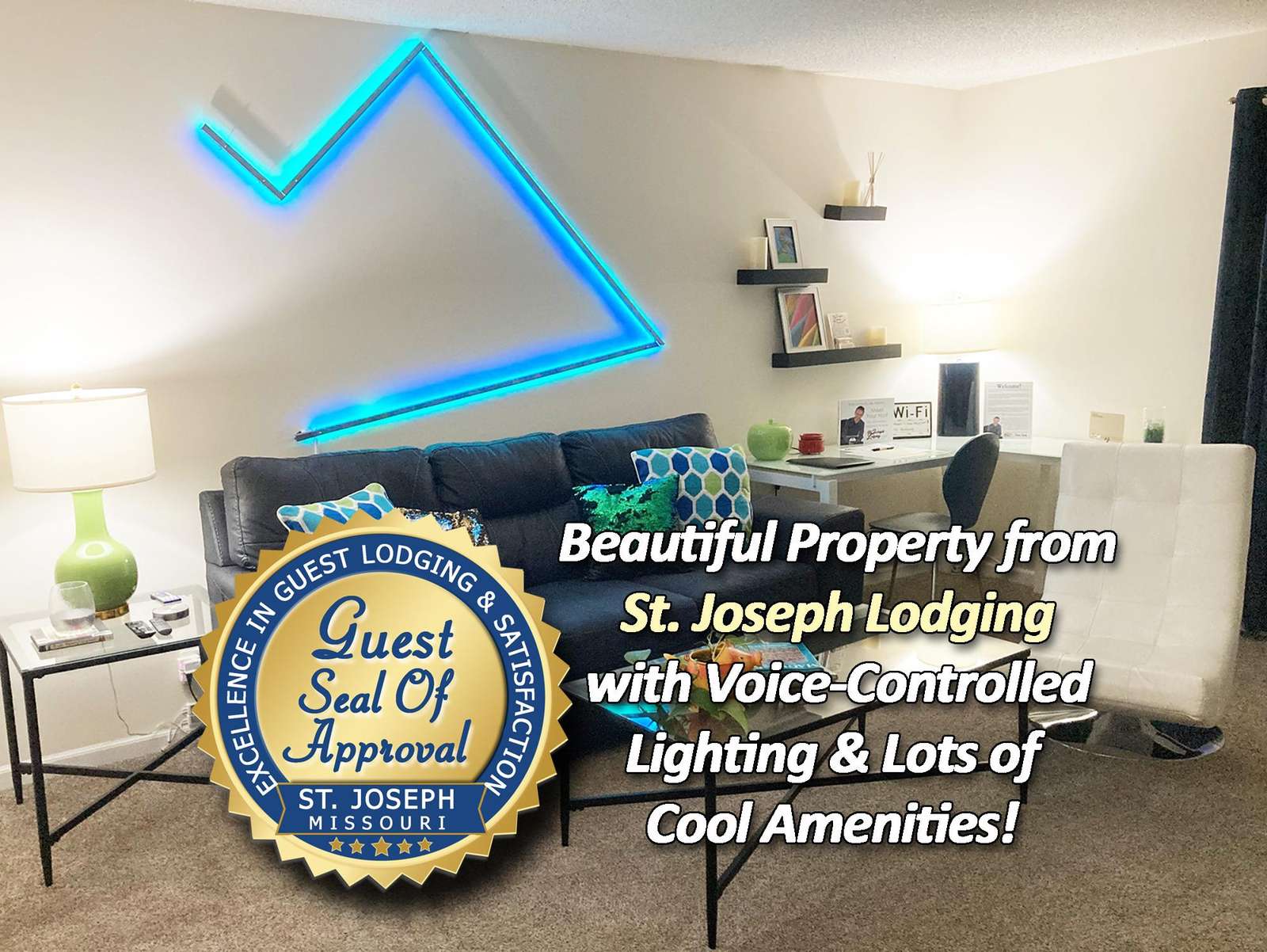 Cozy living room with vibrant lighting and modern comfort - property