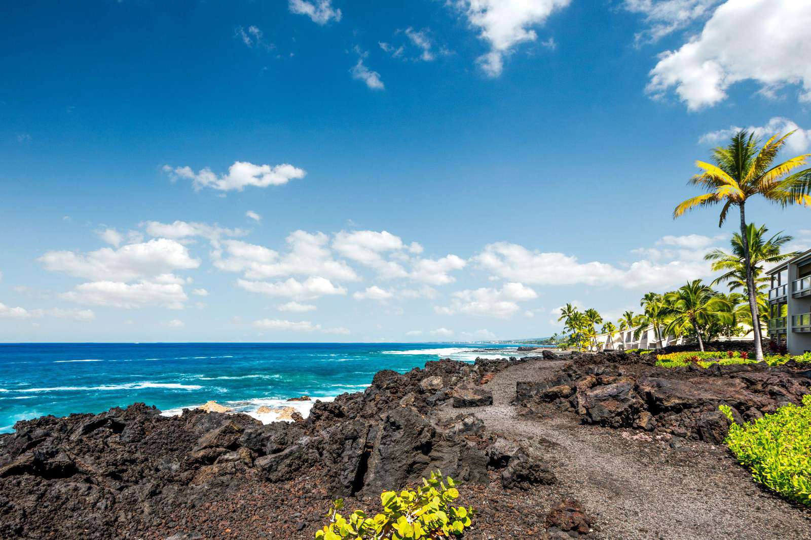 Walking path extends almost the full shoreline of the resort.