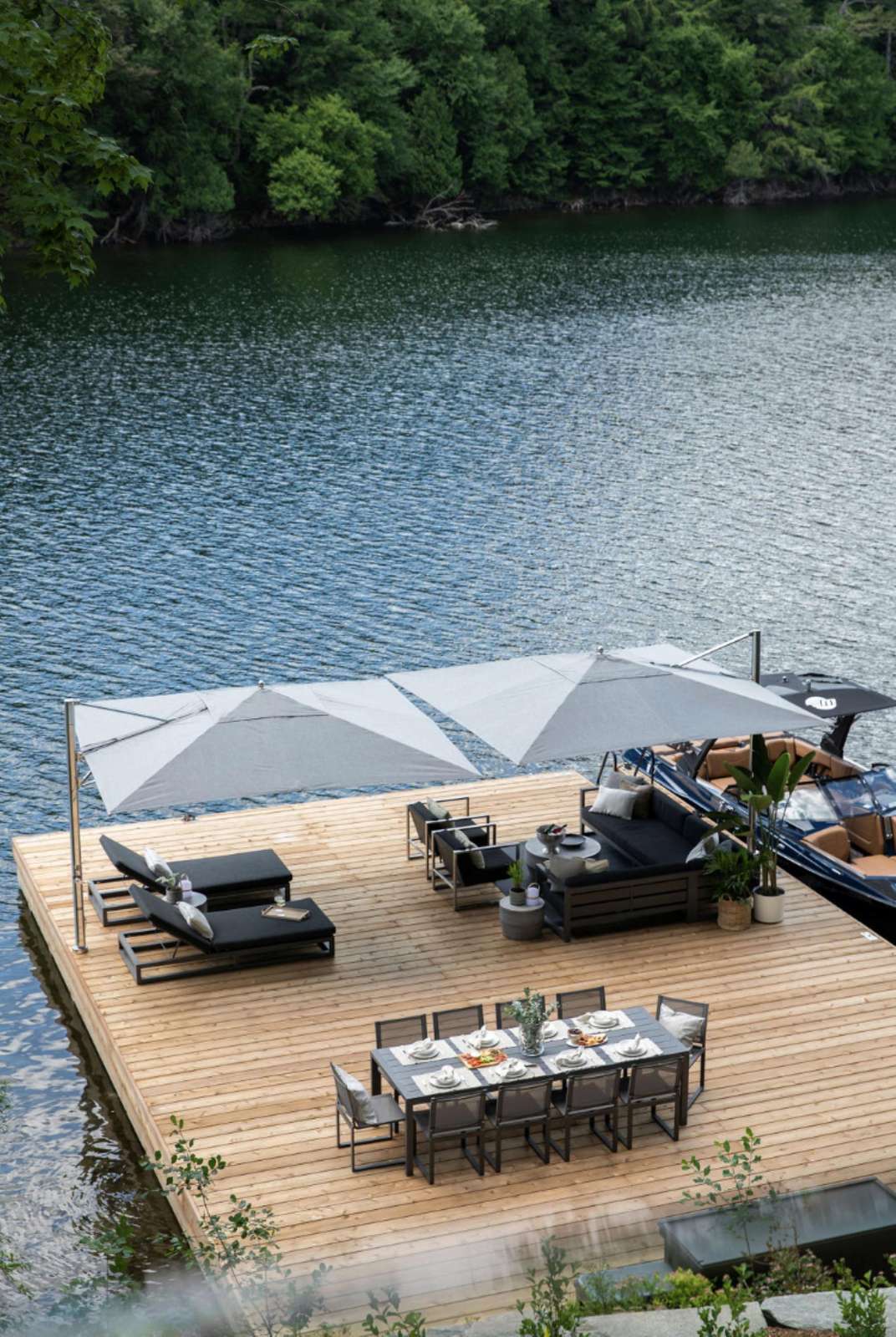 Lakeside dock with cozy seating and dining area for gatherings