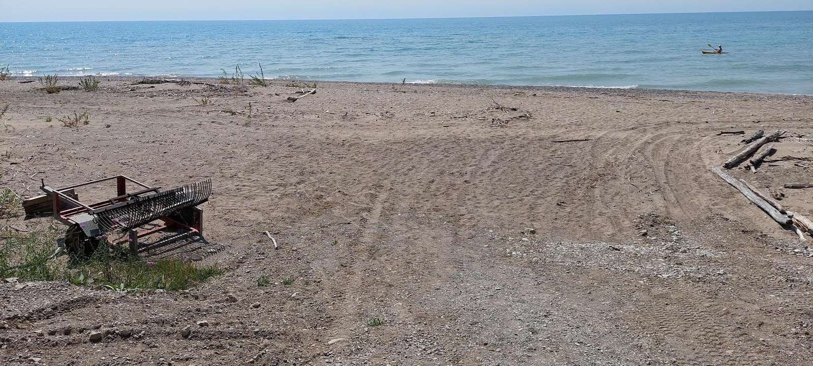 Sandy shoreline with scattered driftwood and a single kayaker paddling on calm blue lake waters.