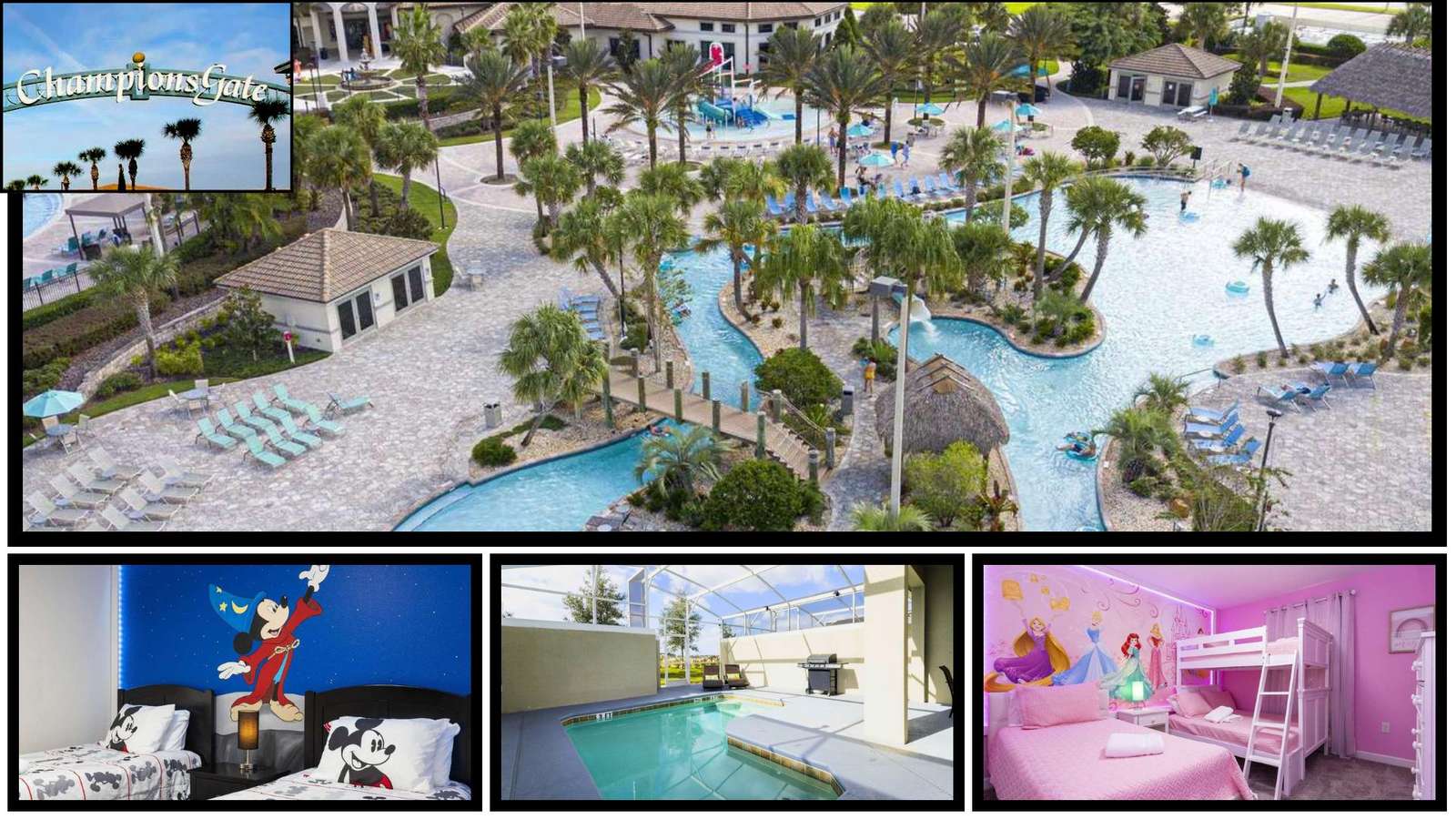 Community pool area with winding lazy river, palm trees, lounge chairs, and waterslide in the distance. - property