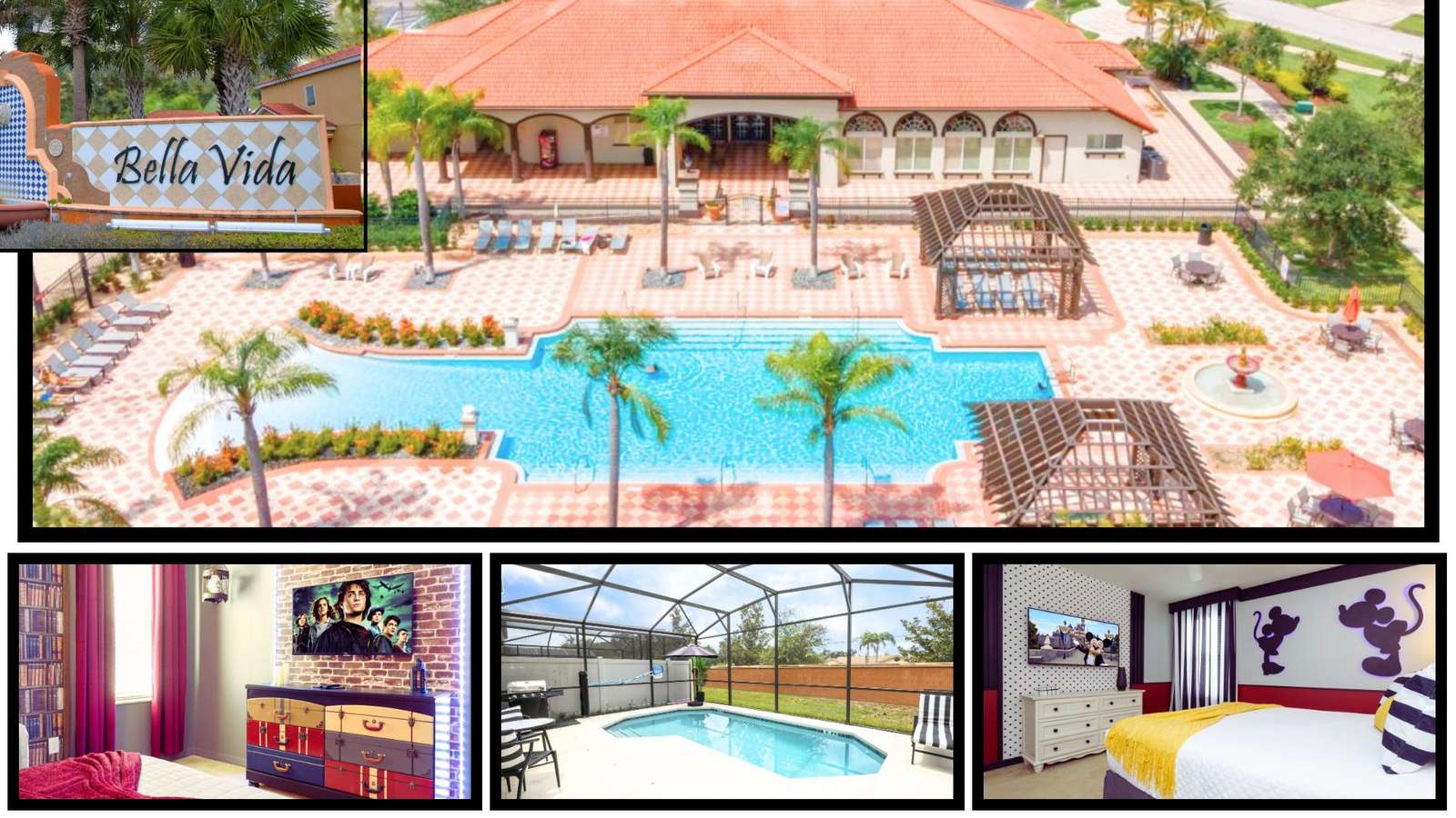 Screened private pool area with patio seating, grill, and fenced yard under a bright sky. - property