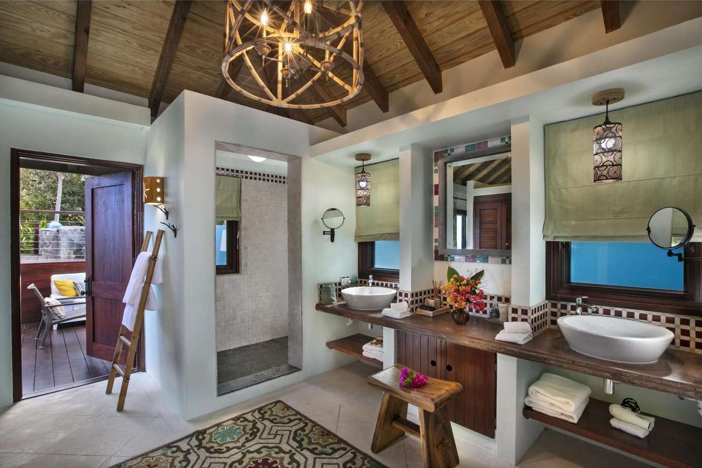 Spacious bathroom retreat with rustic charm and natural light