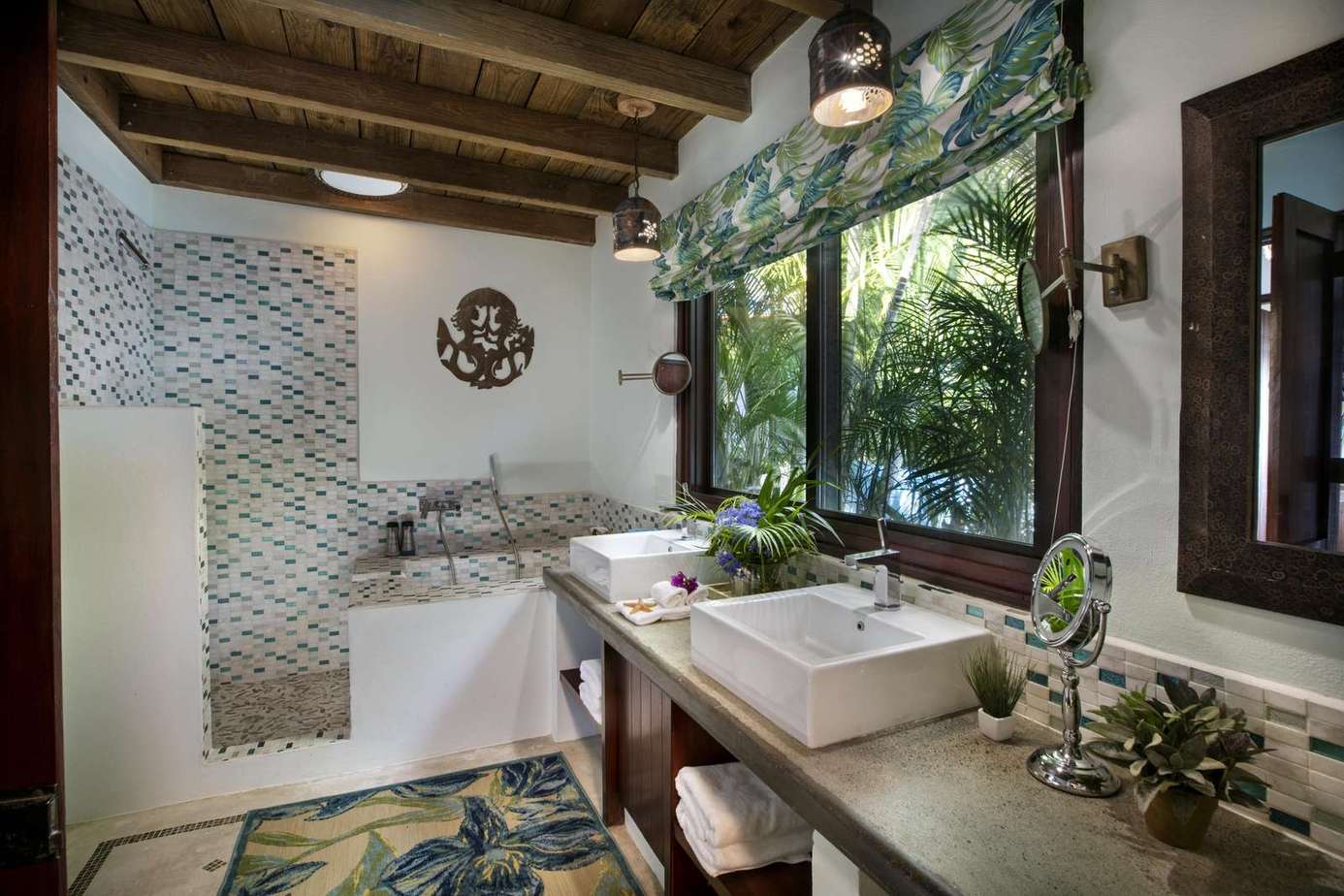 Rustic bathroom retreat with natural light and greenery views