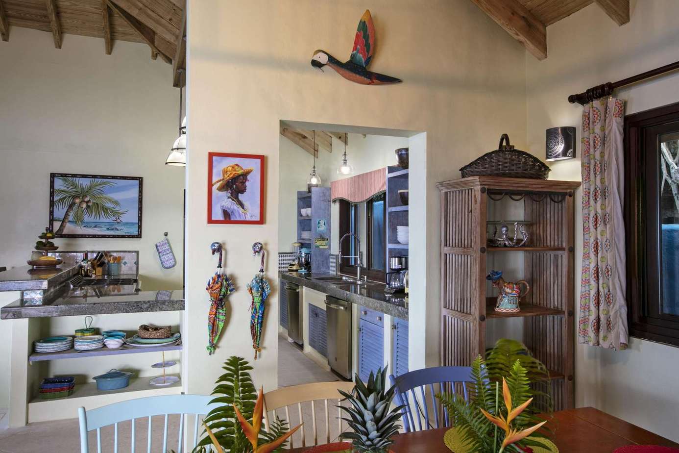 Charming living room with rustic beams and vibrant art